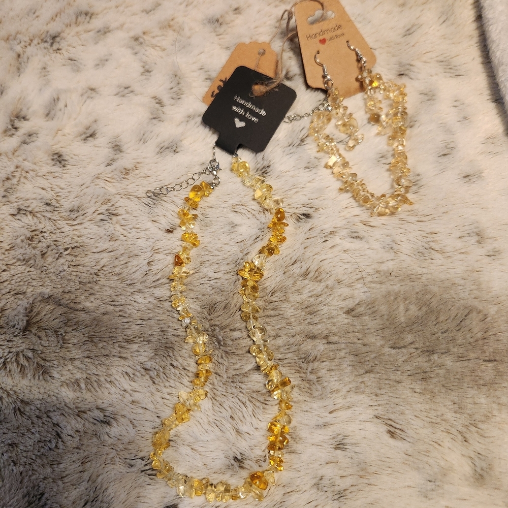 Handmade Yellow Gemstone Natrual Stone Necklace, Earrings and Bracelet Set